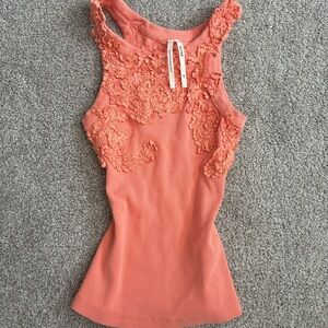 Anthropologie Ribbed Lace Appliqué Tank Top - Coral